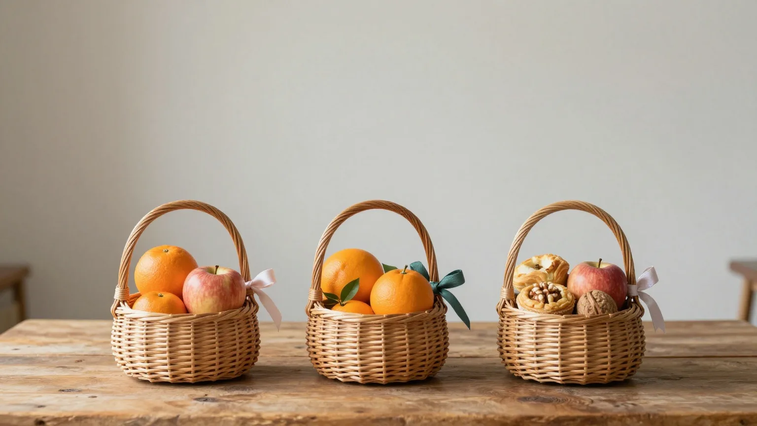Kleine Geschenkkörbe mit Obst, Gebäck und Nüssen, mit Bändern verschnürt, auf einem Holztisch