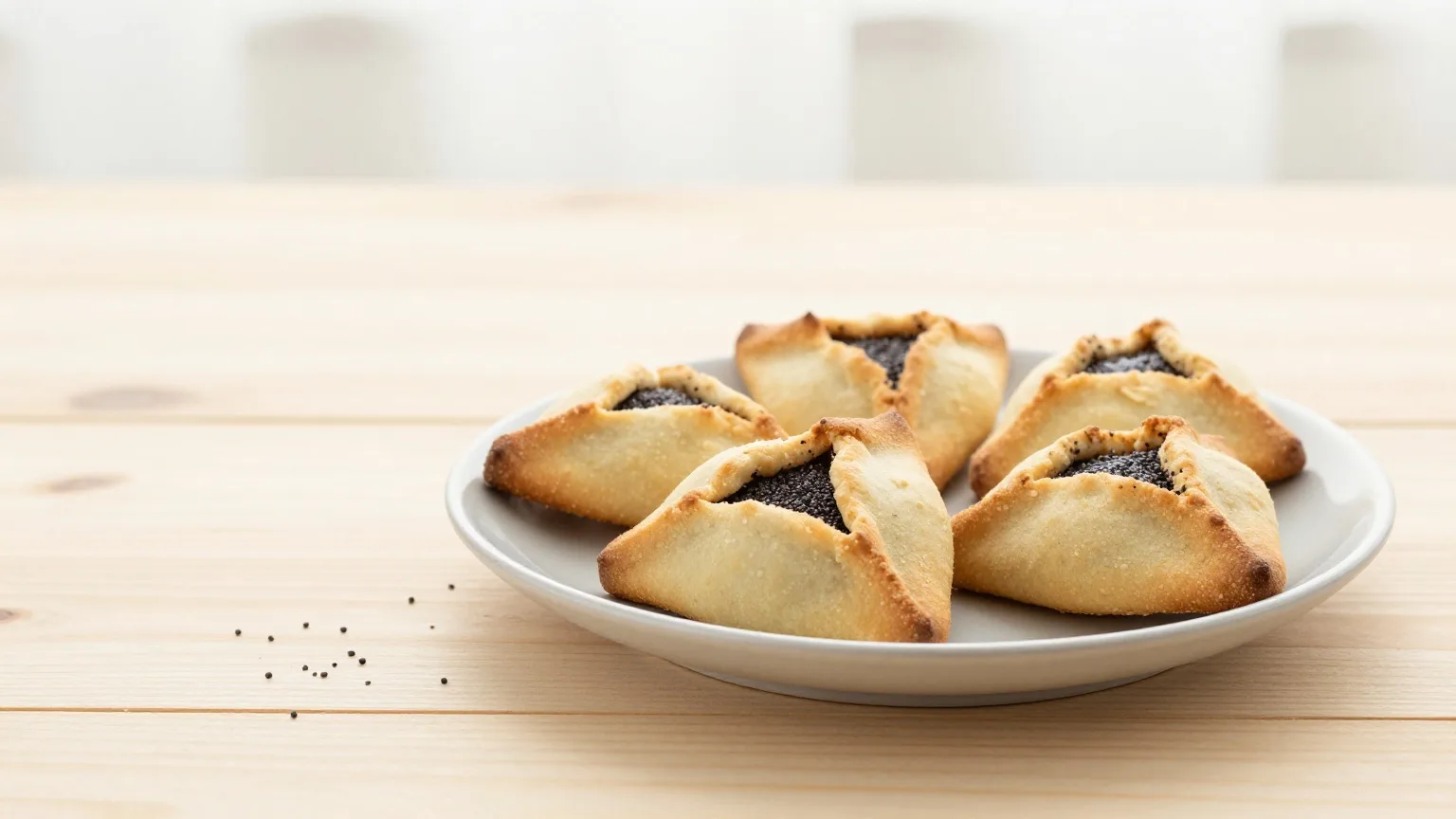 Dreieckige Hamantaschen mit Mohnfüllung auf einem hellen Teller