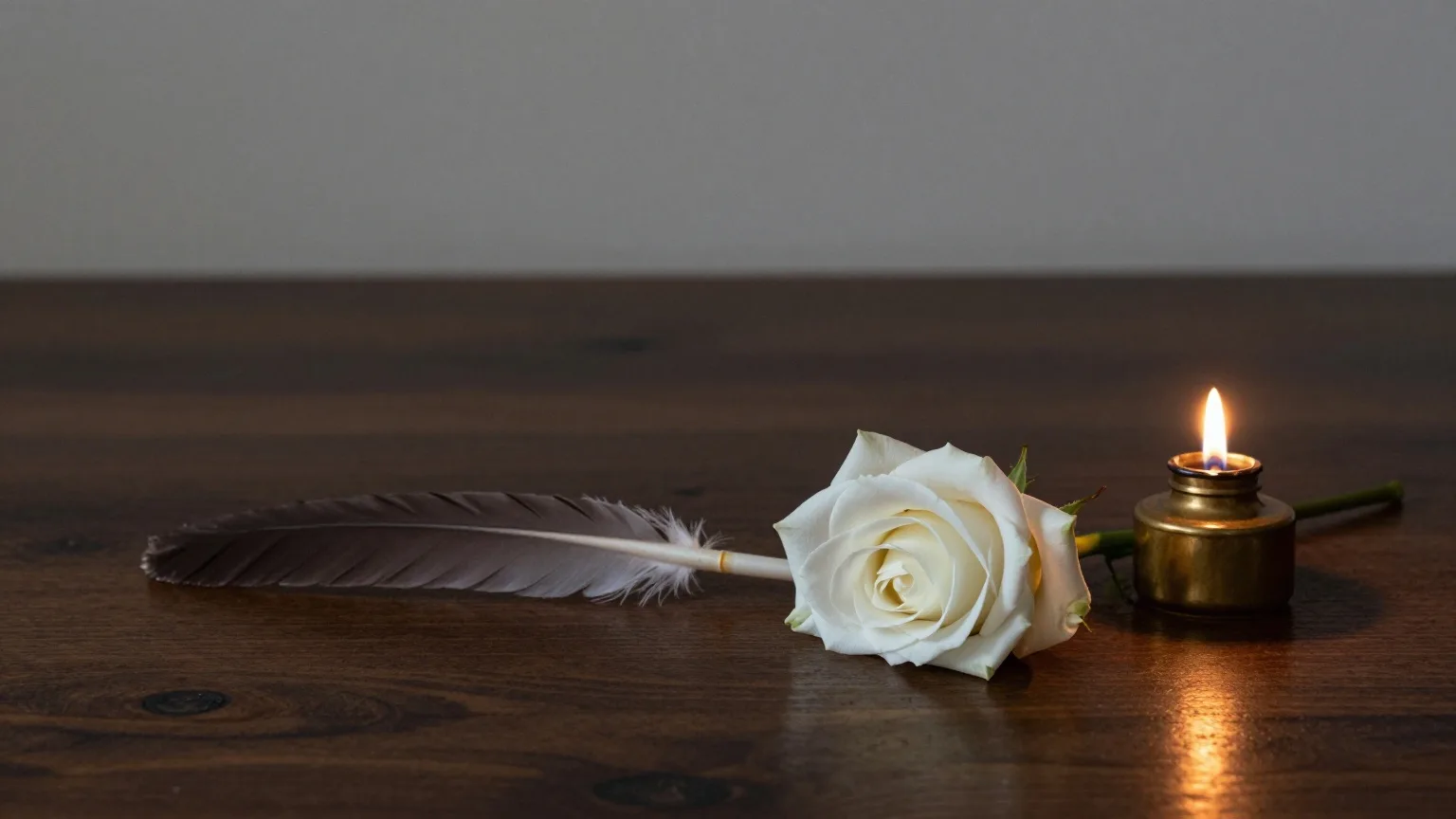 Weiße Rose neben einer alten Gänsefeder und einem Tintenfass auf dunklem Holz