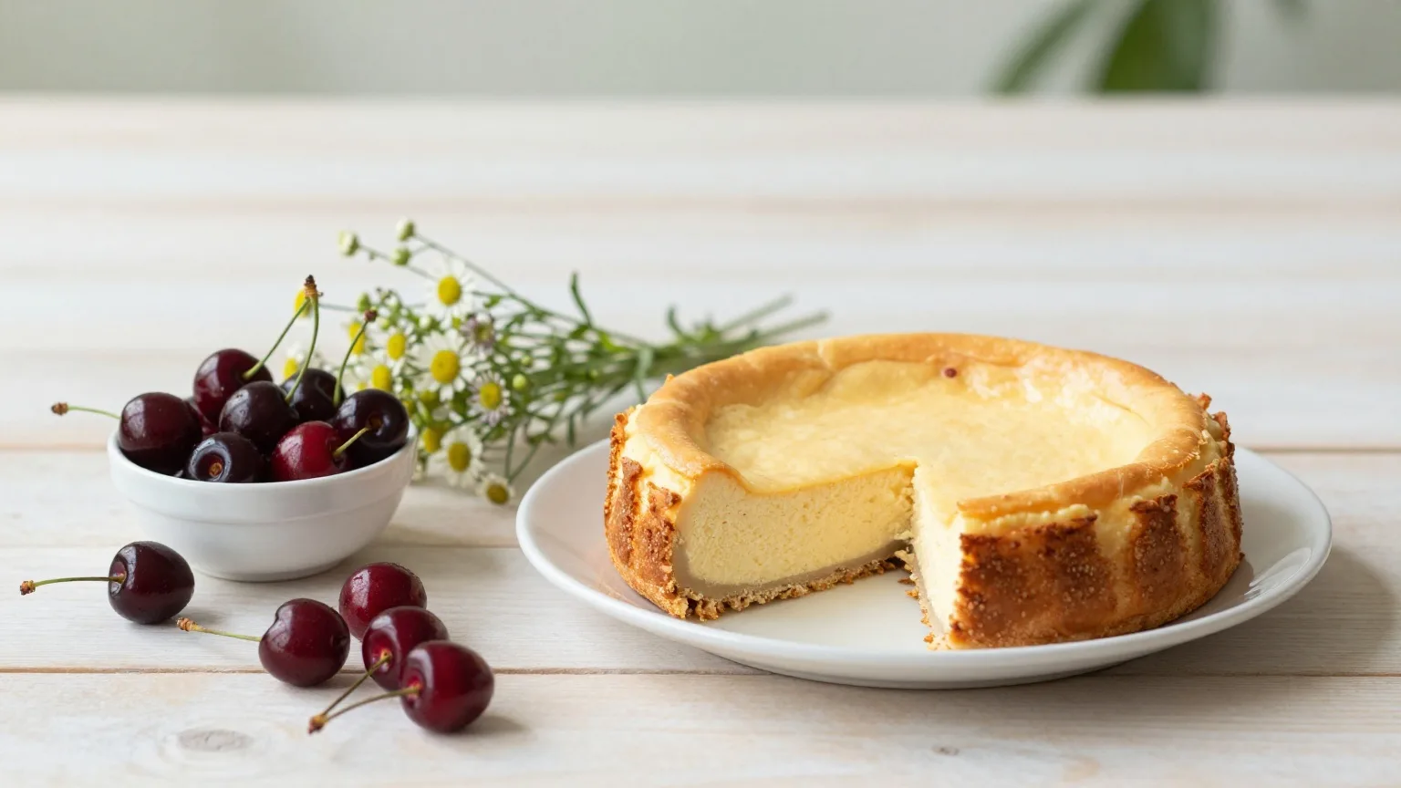 Käsekuchen und eine Schale Kirschen auf einem hellen Holztisch neben einem kleinen Strauß Wiesenblumen