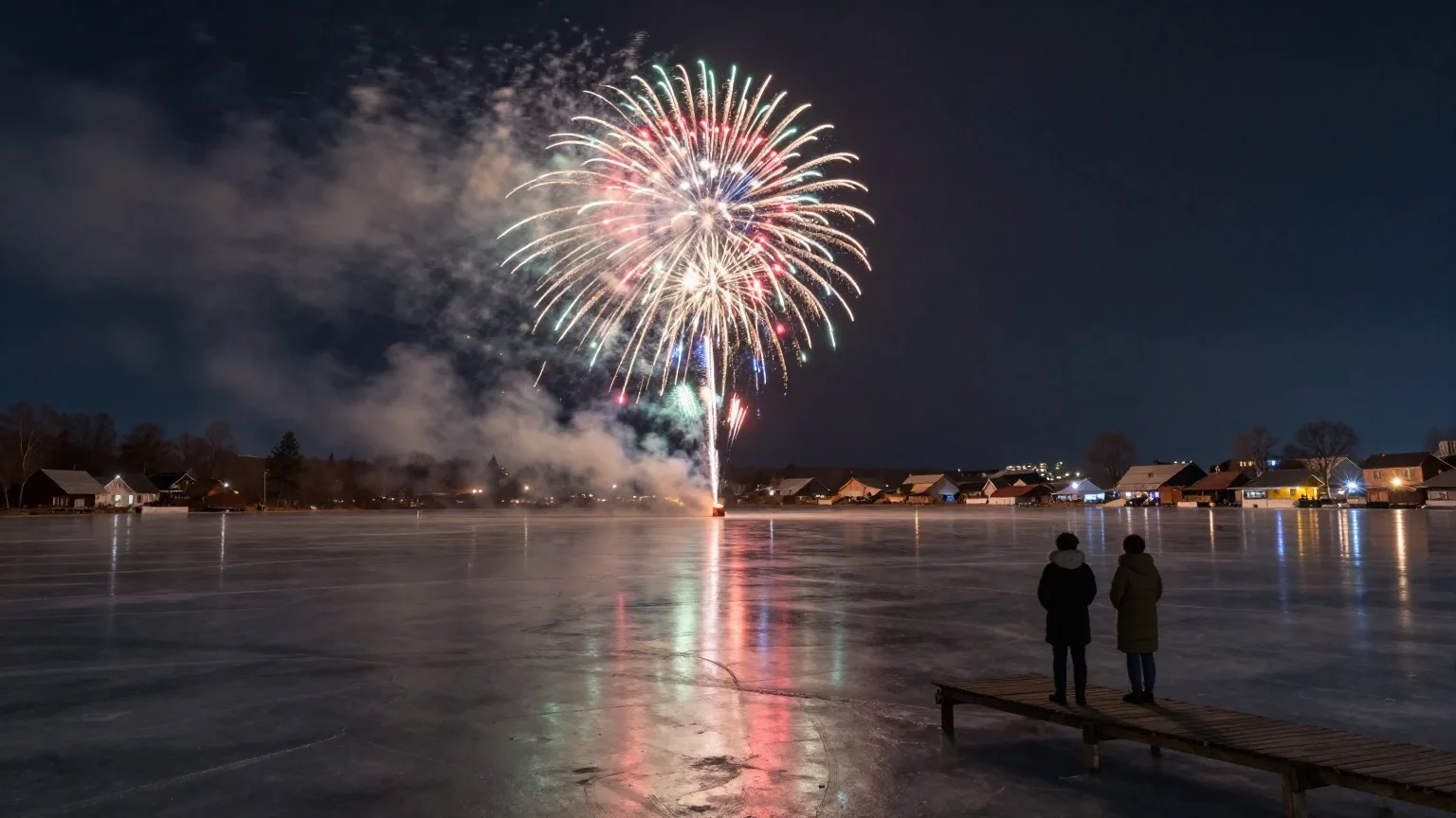 Feuerwerk über einem zugefrorenen See um Mitternacht, zwei Menschen stehen von hinten gesehen auf einem Steg