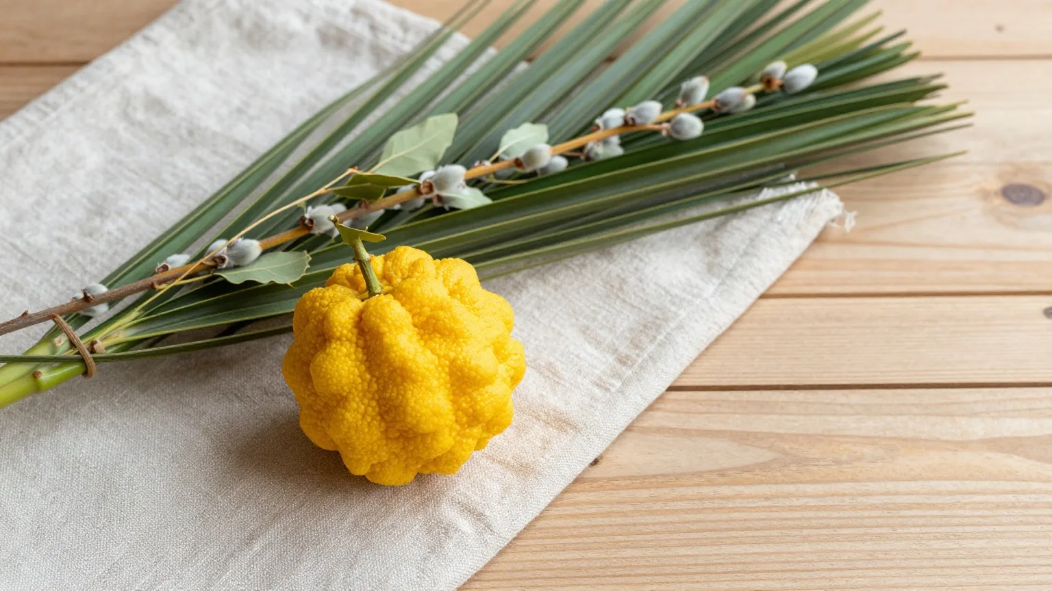 Palmzweig mit Myrten- und Weidenzweigen neben einer gelben Zitrusfrucht auf einem Leinentuch