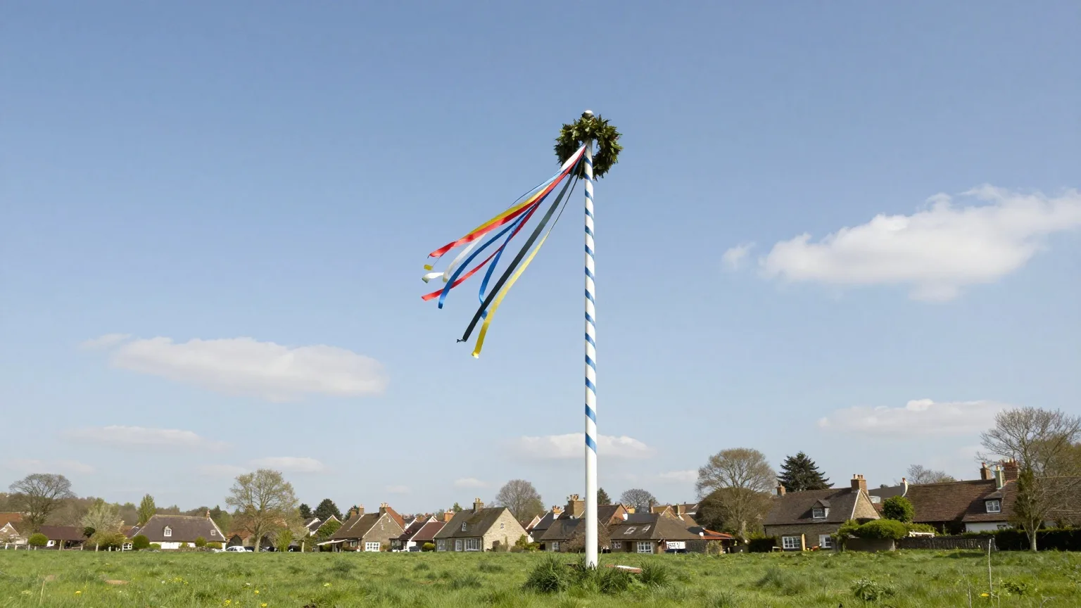 Weiß-blau gestreifter Maibaum mit grünem Kranz und bunten Bändern vor blauem Himmel