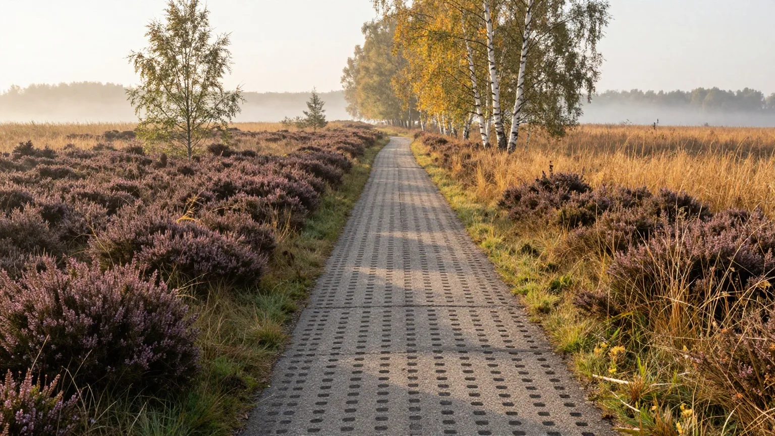 Alter Kolonnenweg aus Betonplatten im Grünen Band zwischen Birken und Heide im Morgenlicht
