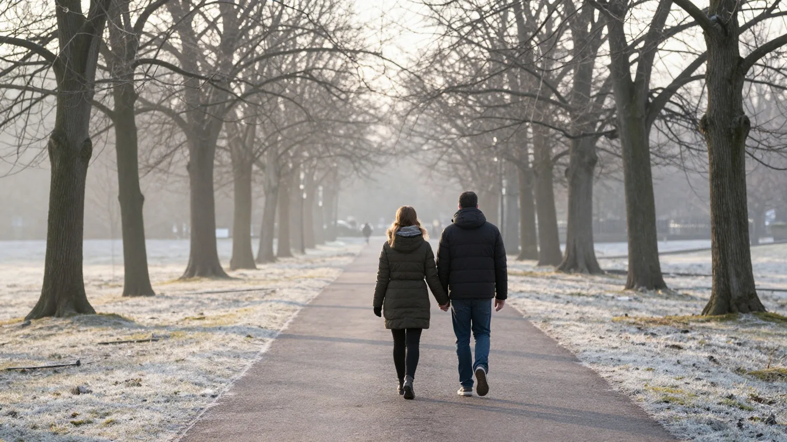 Paar Hand in Hand von hinten auf einem winterlichen Parkweg