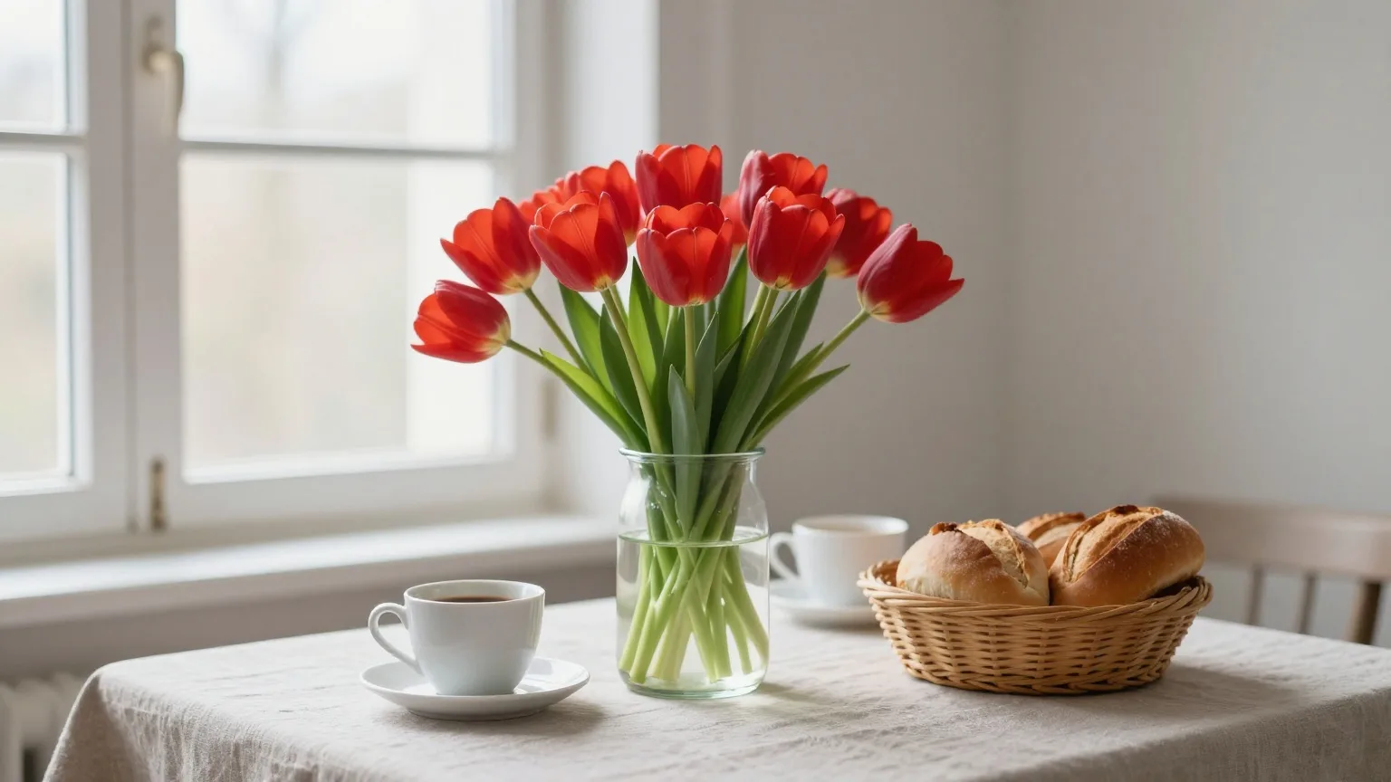 Strauß roter Tulpen und zwei Kaffeetassen auf einem Frühstückstisch am Fenster