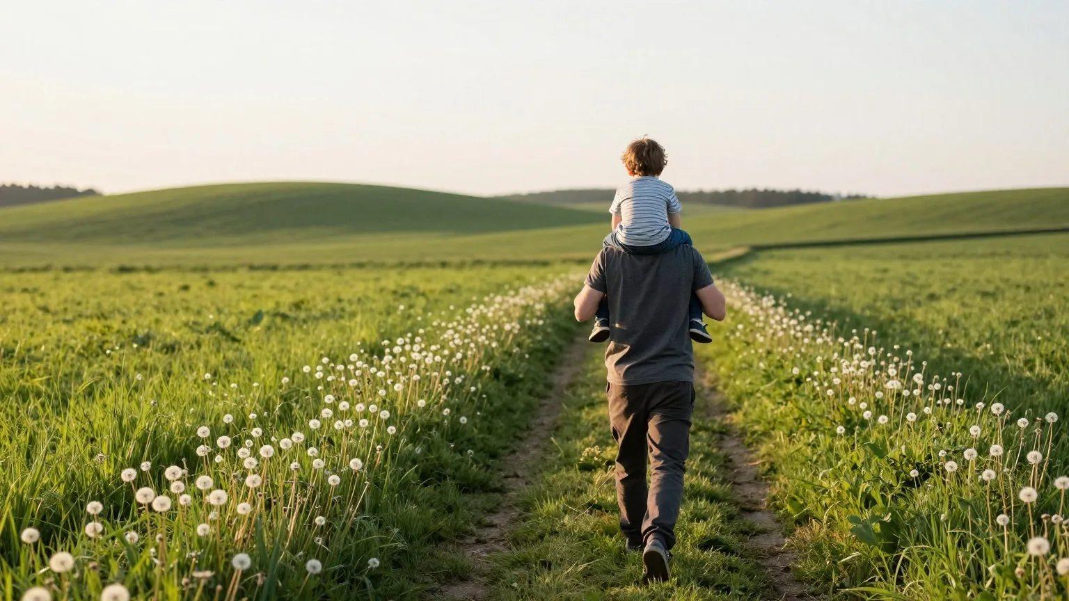 Vater trägt ein Kind auf den Schultern, beide von hinten, auf einem Feldweg zwischen Maiwiesen