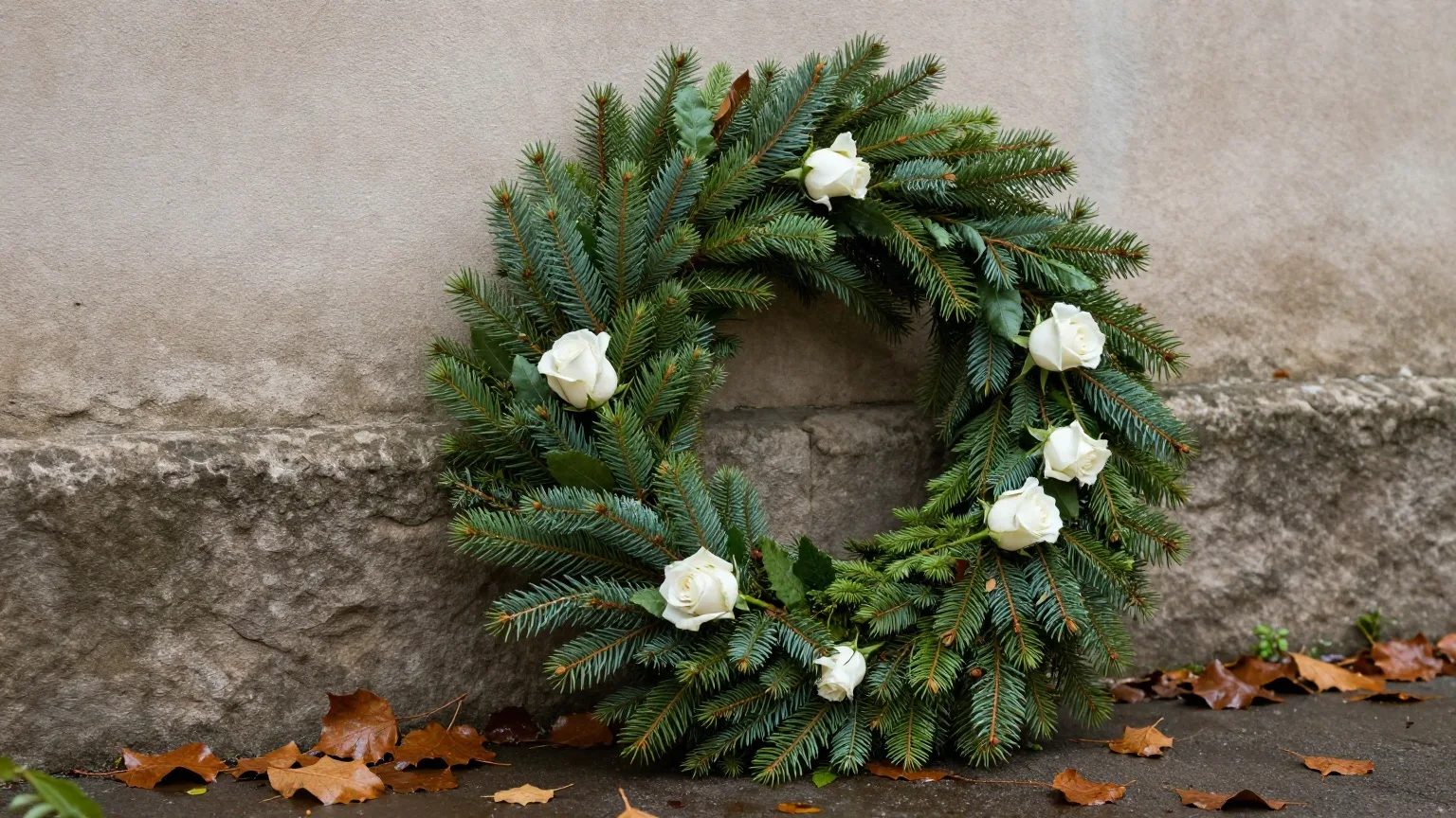 Kranz aus Tannengrün und weißen Rosen an einer schlichten Steinmauer im Novemberlicht