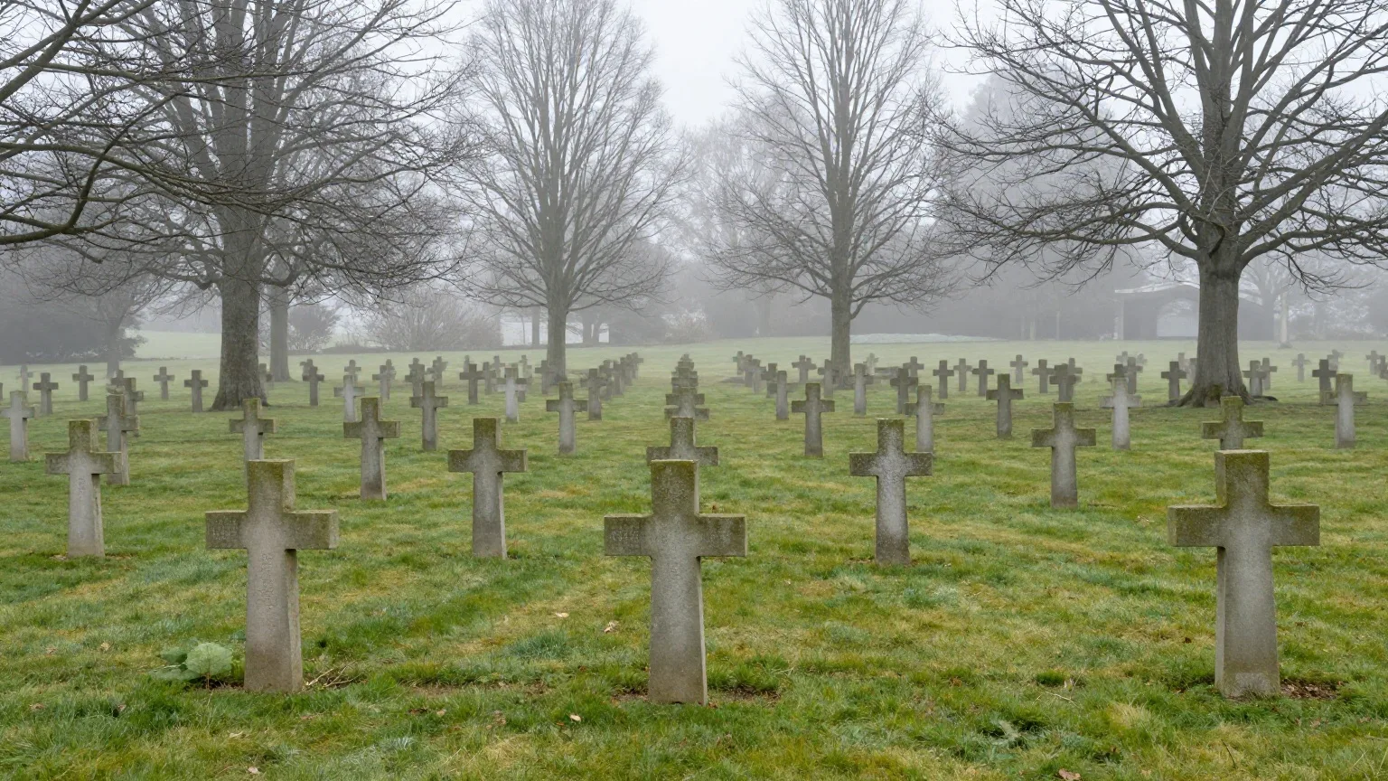 Reihen schlichter Steinkreuze auf einer Kriegsgräberstätte im Novembernebel