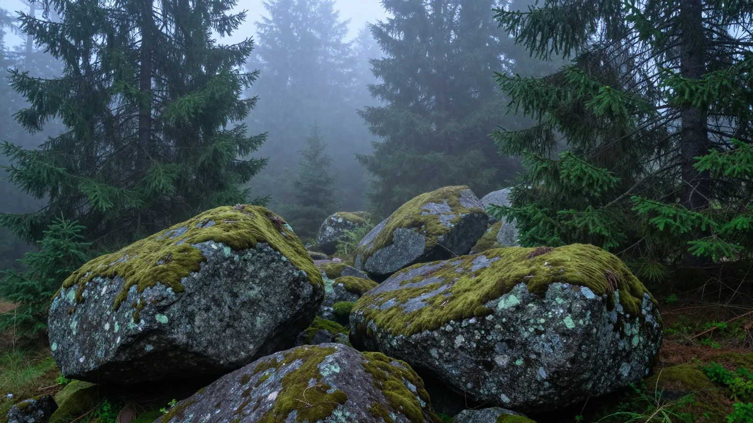 Nebliger Fichtenwald mit moosbedeckten Granitfelsen in der Morgendämmerung