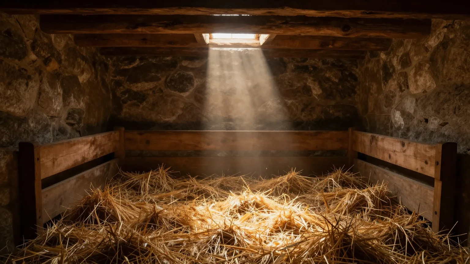 Leere Holzkrippe mit Stroh in einem Stall, von einem warmen Lichtstrahl beleuchtet
