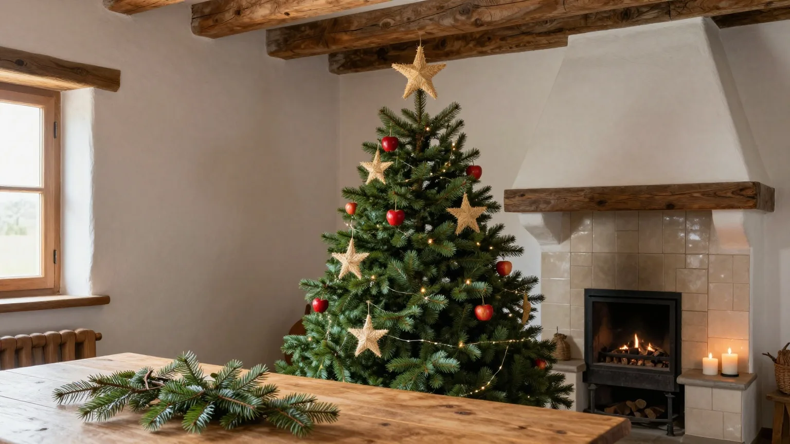 Weihnachtsbaum mit Strohsternen, roten Äpfeln und Bienenwachskerzen in einer Bauernstube