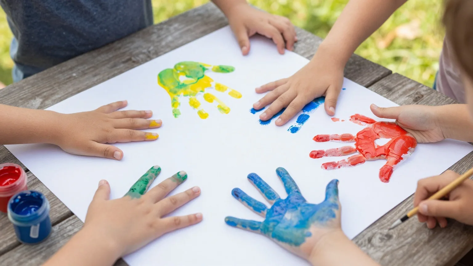 Kinderhände drücken bunte Farbabdrücke auf einen großen Papierbogen