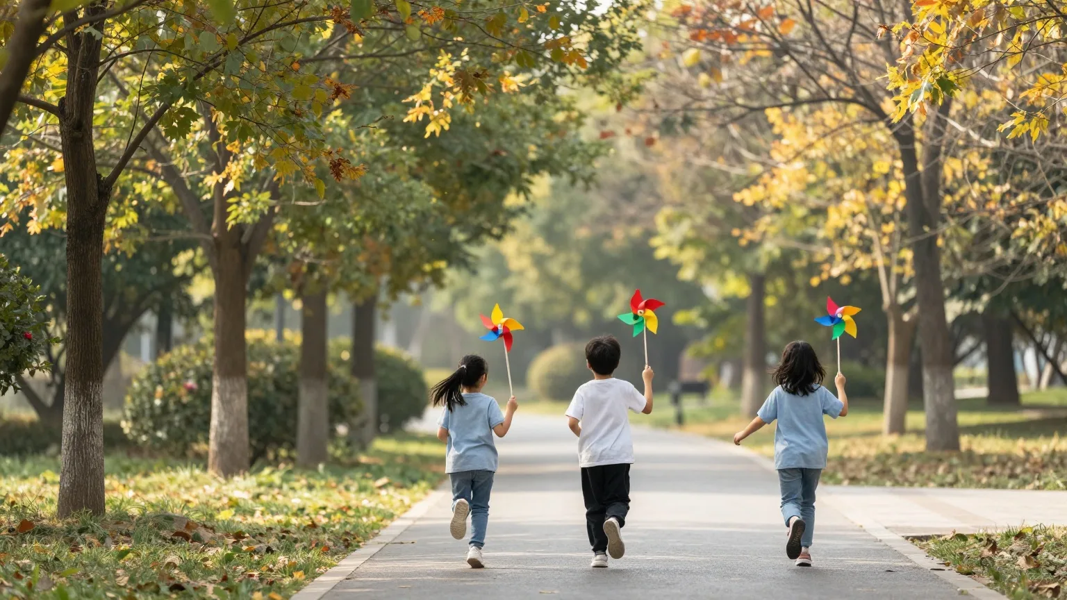 Drei Kinder laufen von hinten gesehen mit bunten Windrädern über einen Parkweg im Spätsommerlicht
