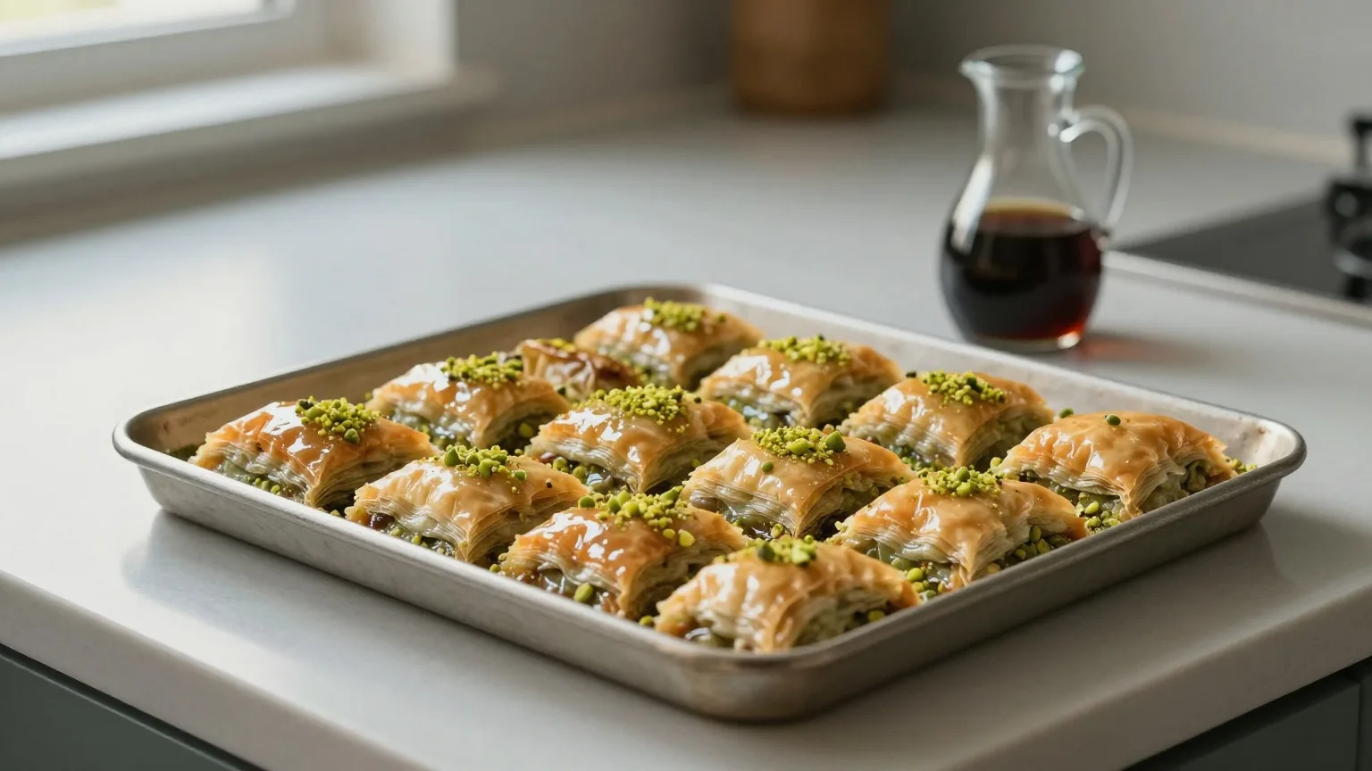 Frisch gebackene Baklava in Rauten geschnitten auf einem Backblech, mit Pistazien bestreut, daneben ein Kännchen Sirup