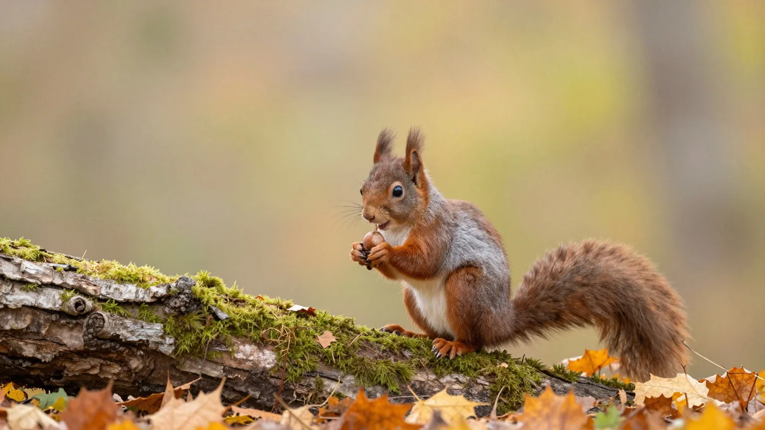 Eichhörnchen mit einer Haselnuss auf einem umgestürzten, bemoosten Baumstamm im herbstlichen Mischwald