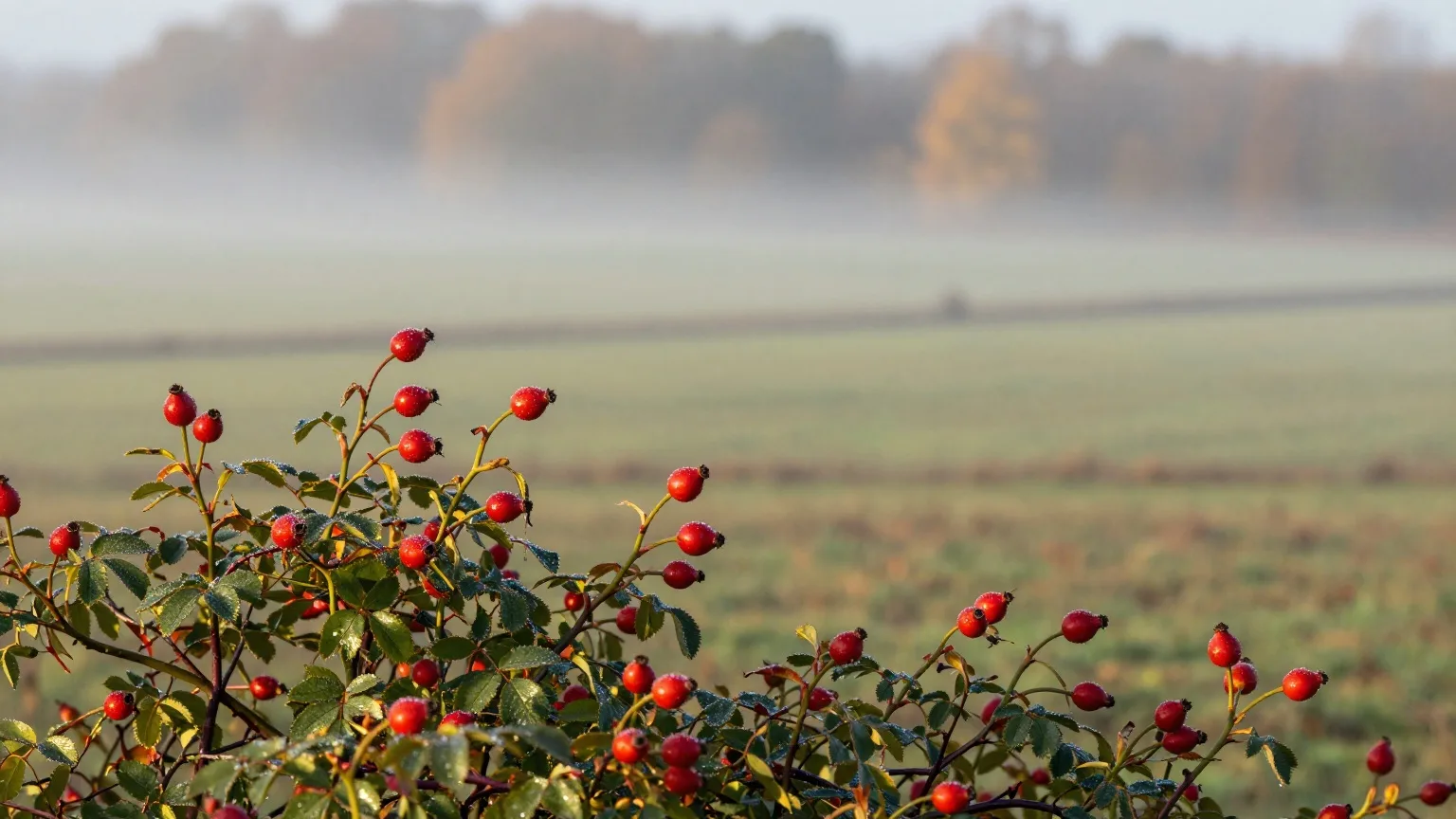 Leuchtend rote Hagebutten an einer Wildrosenhecke am Feldrand im Morgentau, dahinter Herbstnebel