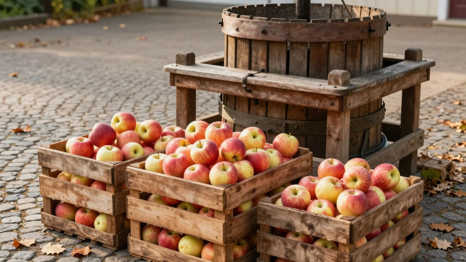 Holzkisten voller Äpfel vor einer alten Obstpresse auf einem Bauernhof im Oktober