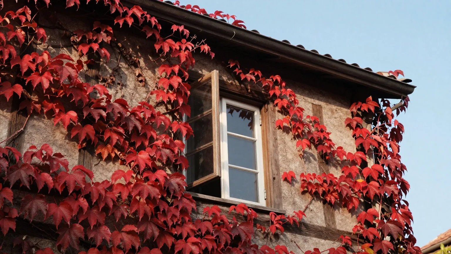 Leuchtend roter wilder Wein an der Wand eines Fachwerkhauses mit geöffnetem Fenster im Oktoberlicht