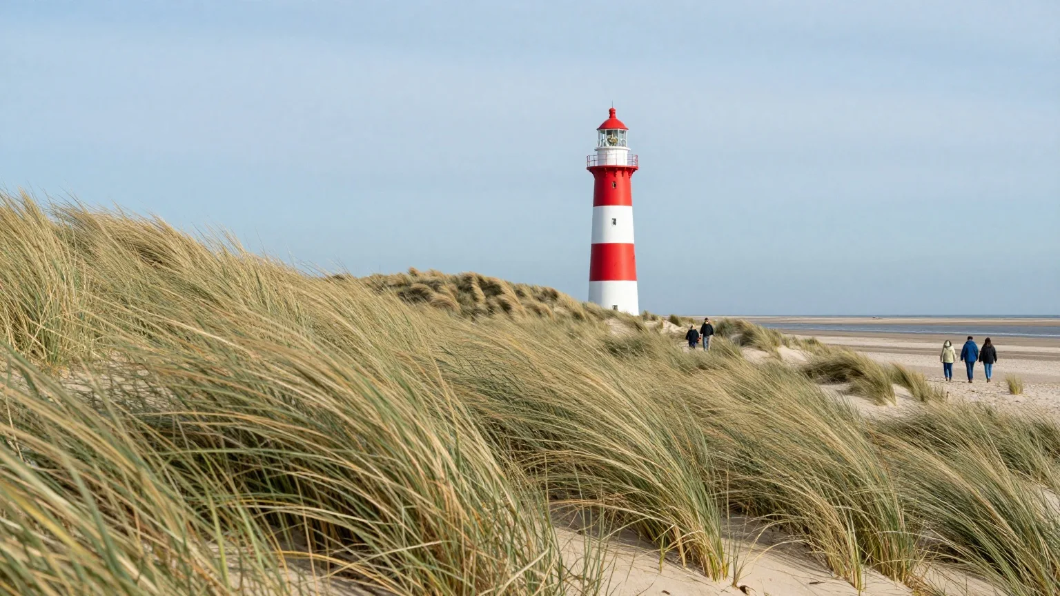 Rot-weiß gestreifter Leuchtturm hinter Dünen mit Strandhafer an einem klaren Märztag, eine Familie in der Ferne