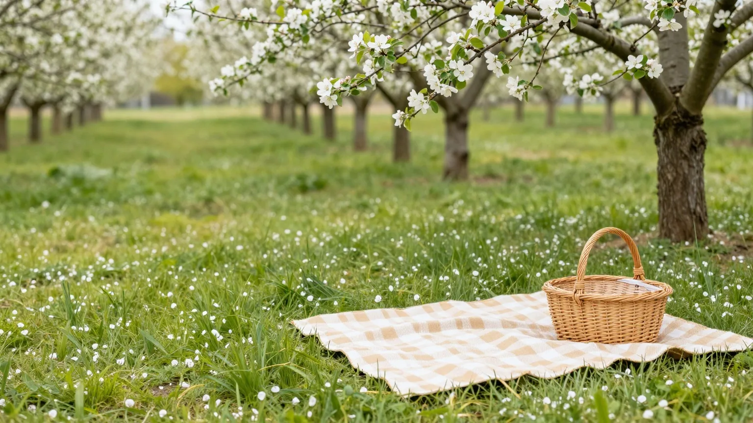 Picknickdecke und Weidenkorb im Gras unter blühenden Apfelbäumen im April