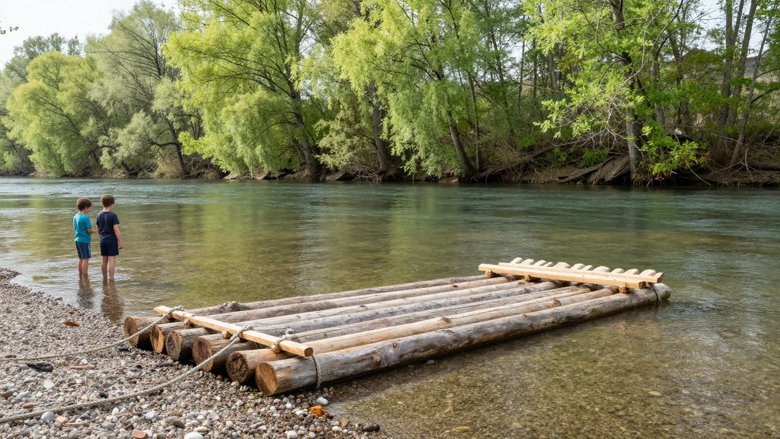 Einfaches Holzfloß am Kiesufer eines klaren Flusses im Maigrün, zwei Kinder von hinten am Wasser