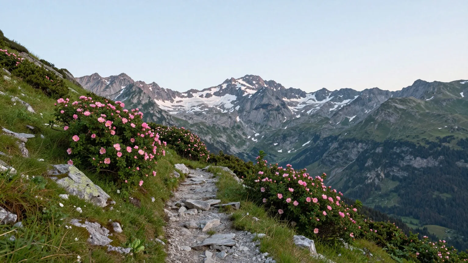 Blühende Alpenrosen an einem steinigen Bergpfad im Juni, dahinter Kalkgipfel mit letzten Schneeresten