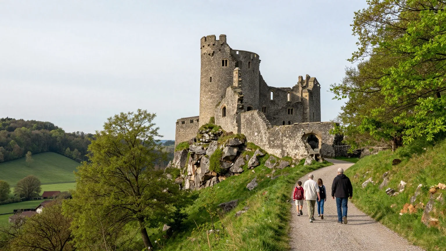 Burgruine auf einem bewaldeten Felssporn über einem Tal im frischen Grün Ende Mai, eine Familie von hinten auf dem Wanderweg