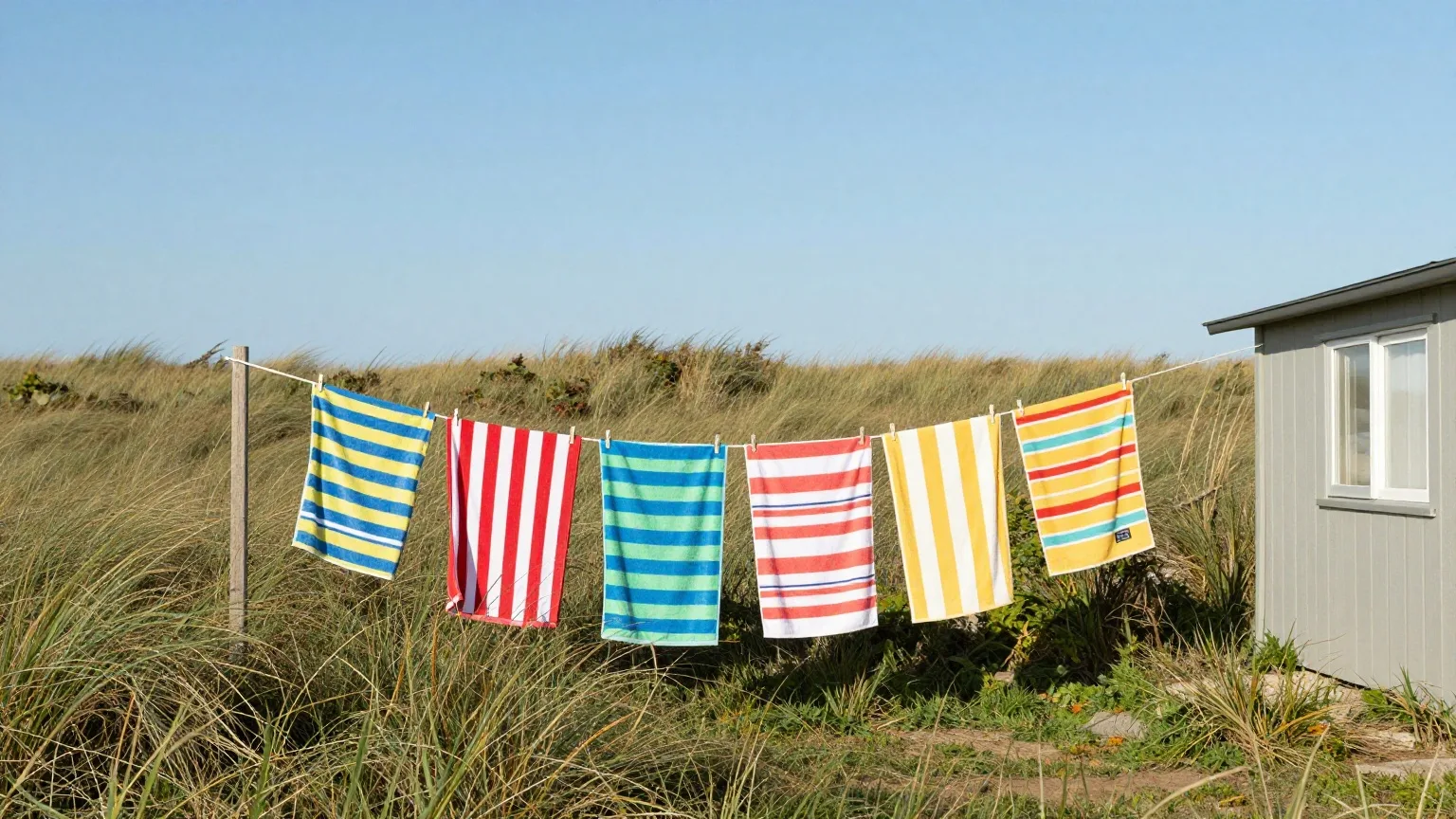 Bunte Badetücher trocknen an einer Wäscheleine vor einem Ferienhaus hinter den Dünen an einem Sommermorgen