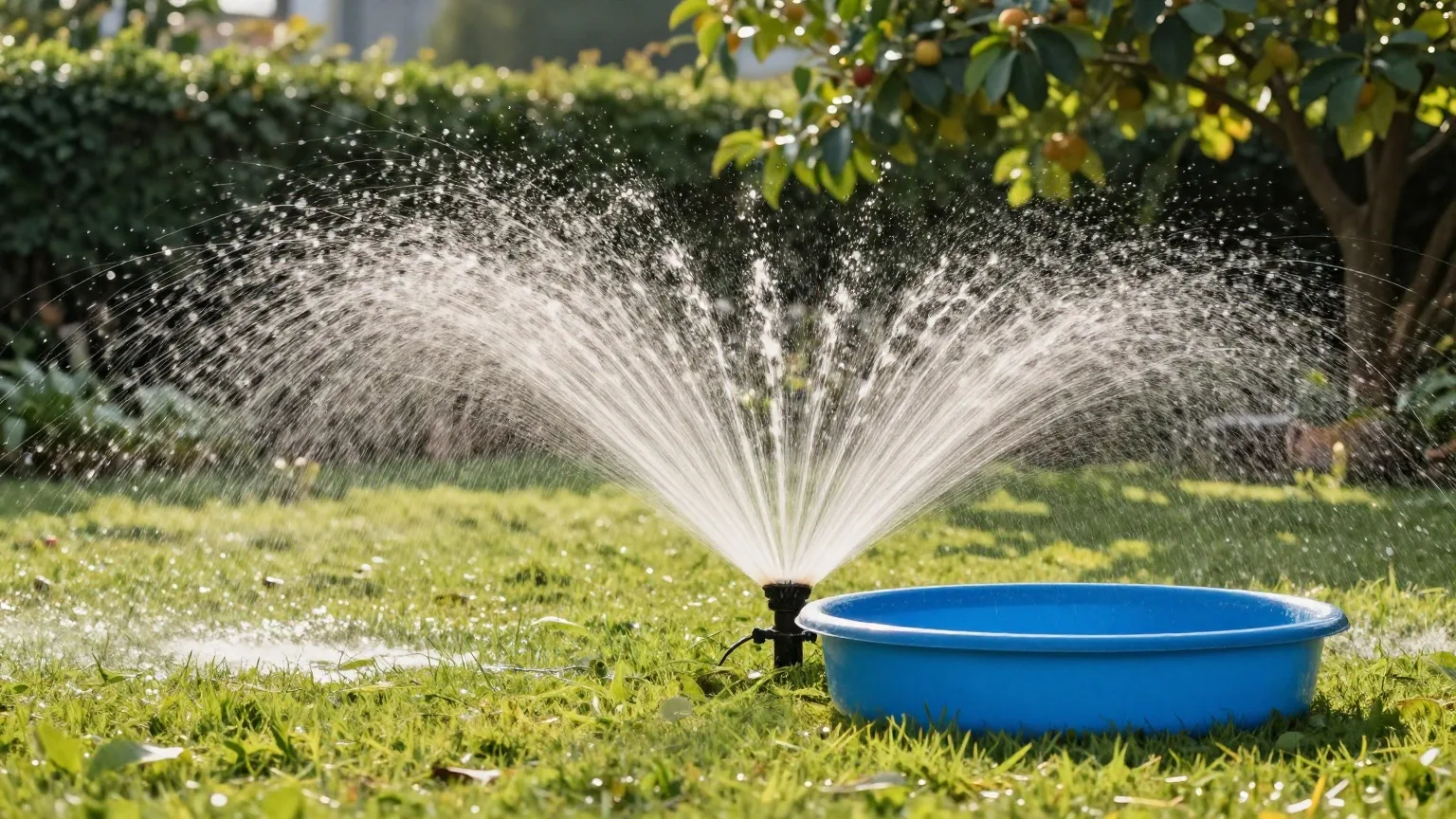 Rasensprenger und blaues Planschbecken in einem sonnigen Garten an einem heißen Sommernachmittag