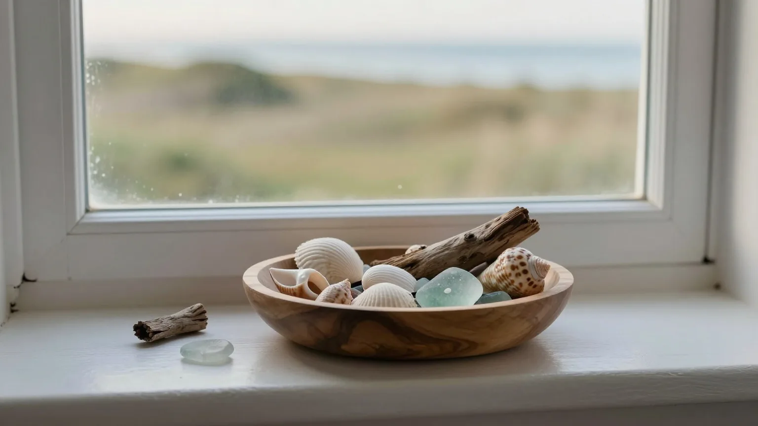 Muscheln, Treibholz und Seeglas in einer flachen Holzschale auf der Fensterbank eines Ferienhauses an der Küste