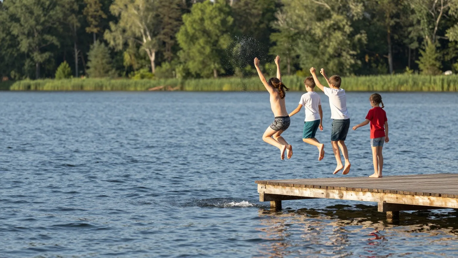 Kinder springen an einem Sommertag von einem Holzsteg in einen klaren See, von weitem fotografiert