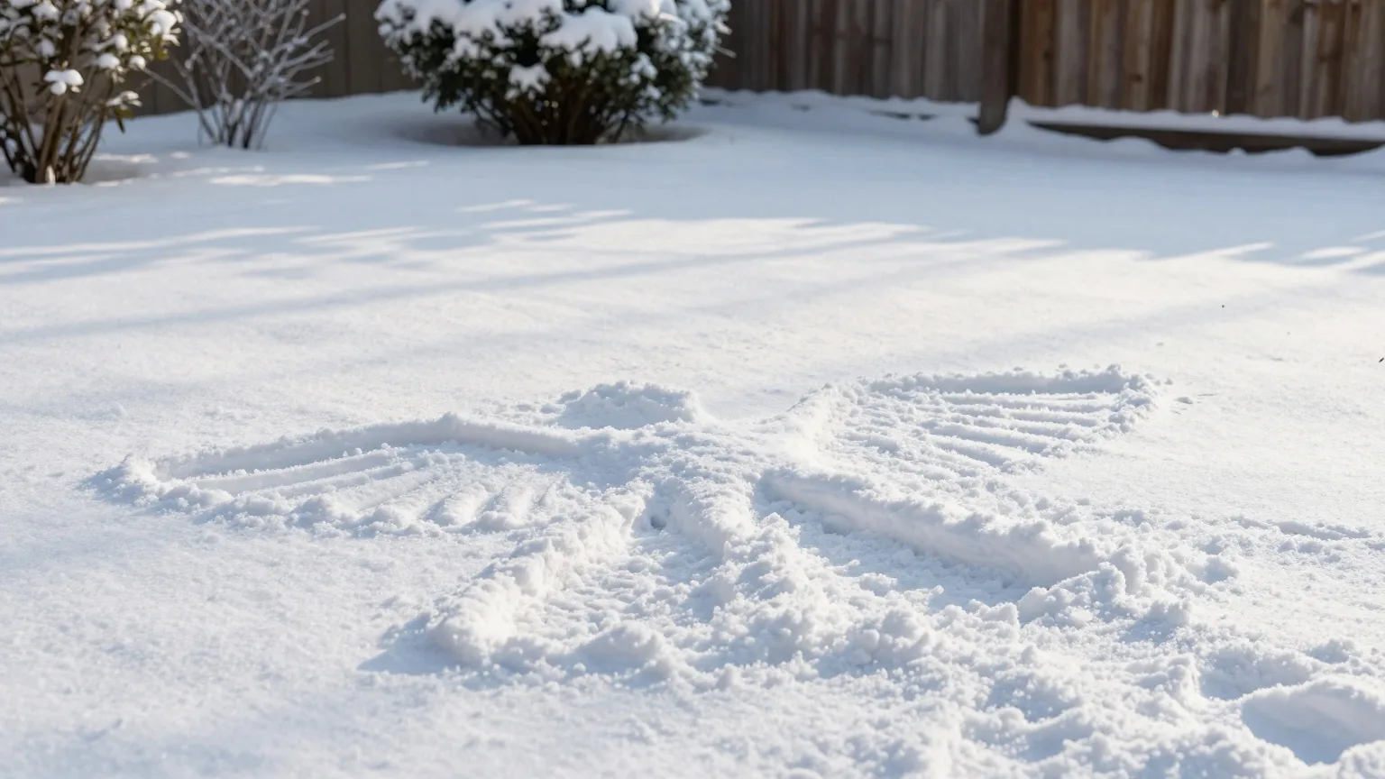 Abdruck eines Schneeengels im frischen Neuschnee eines Gartens im Licht der tief stehenden Wintersonne