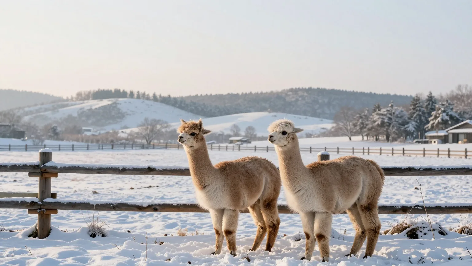 Zwei Alpakas mit dichtem Winterfell auf einer verschneiten Weide hinter einem Holzzaun