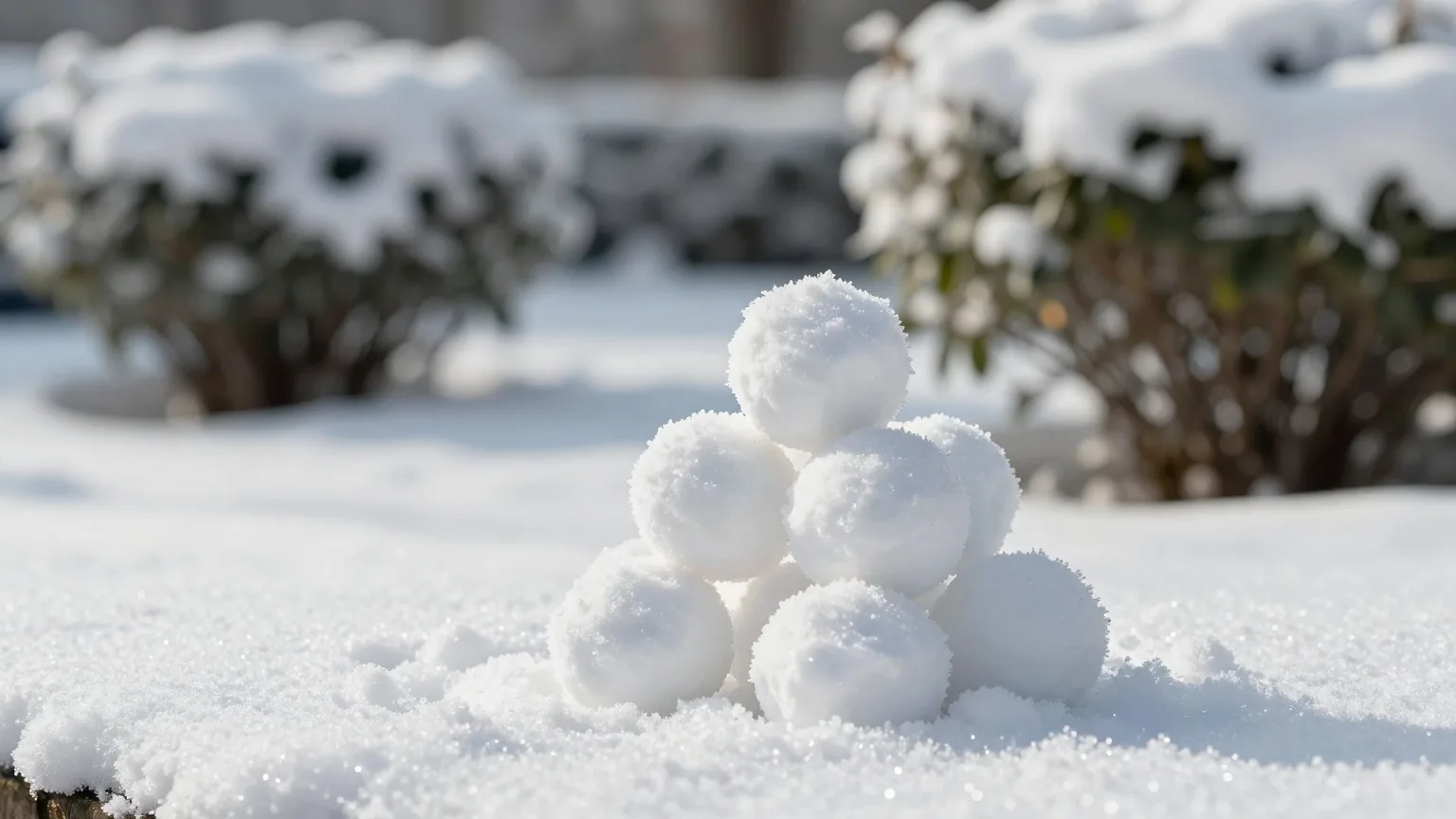 Kleine Pyramide aus Schneebällen im frischen Schnee eines Gartens an einem sonnigen Wintertag