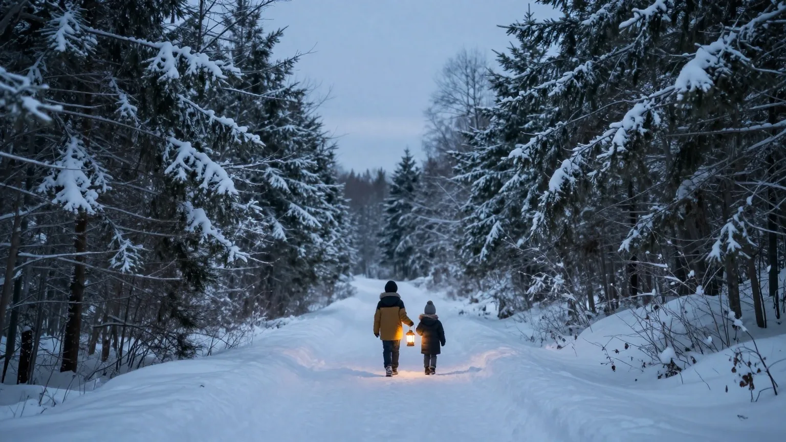 Familie von hinten mit Laterne auf einem verschneiten Waldweg in der Abenddämmerung