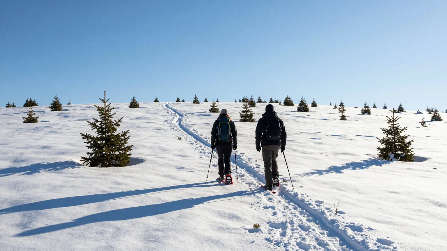Zwei Schneeschuhwanderer von hinten auf einer verschneiten Hochfläche mit einzelnen Fichten unter blauem Februarhimmel