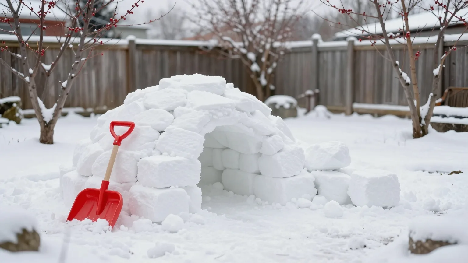 Halb fertiges Iglu aus Schneeblöcken in einem verschneiten Garten, daneben eine rote Kinderschaufel