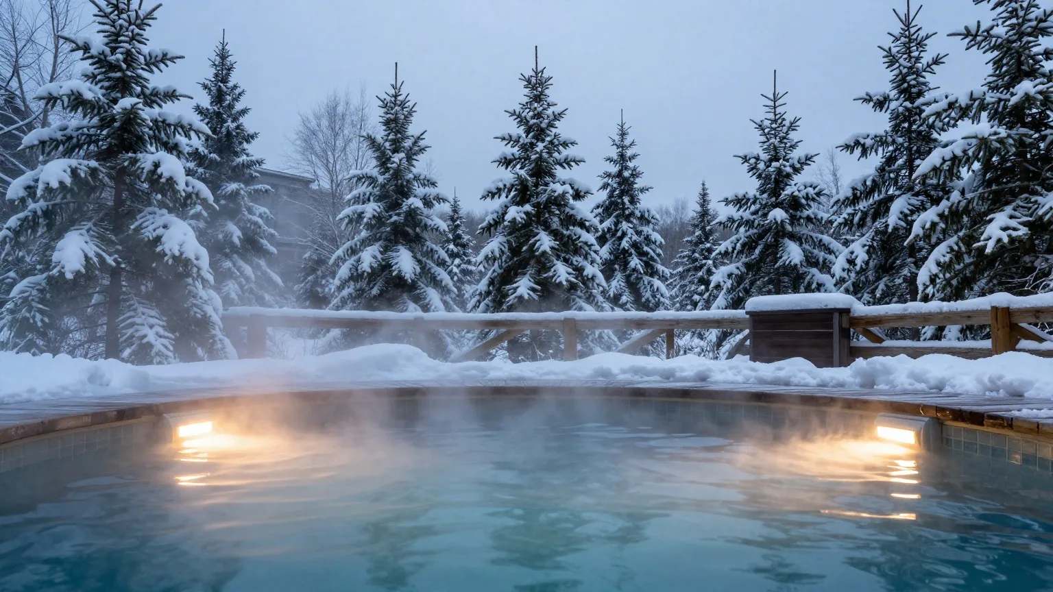 Dampfendes Außenbecken einer Therme zwischen verschneiten Tannen in der Abenddämmerung