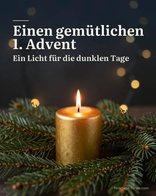 Eine brennende goldene Kerze zwischen Tannenzweigen vor warmen, unscharfen Lichtern im dunklen Raum