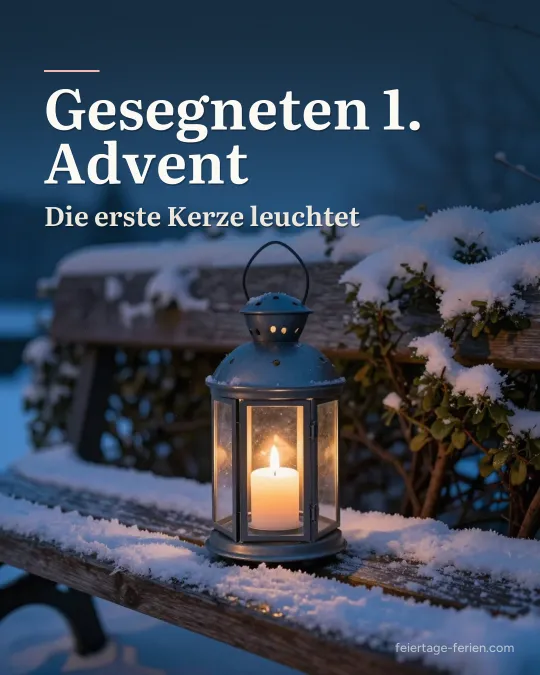 Eine Glaslaterne mit brennender Kerze auf einer verschneiten Gartenbank in der Abenddämmerung