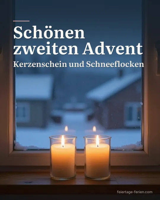 Zwei brennende Kerzen in Gläsern auf einer Holzfensterbank, draußen Schneefall zur blauen Stunde