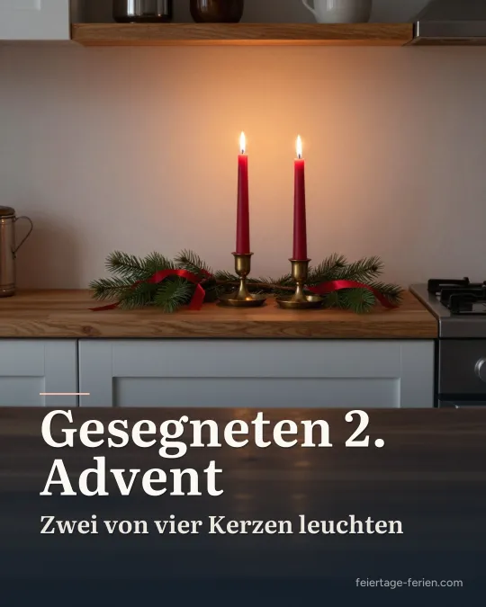 Zwei brennende rote Kerzen in Messinghaltern mit Tannenzweigen und roten Bändern auf einem Küchenregal