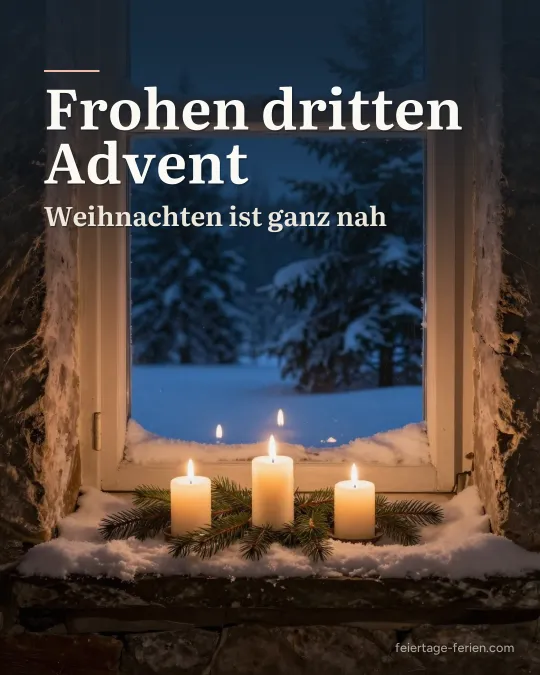 Drei brennende weiße Kerzen mit Tannenzweigen auf einem steinernen Fenstersims, draußen Schnee in der Nacht