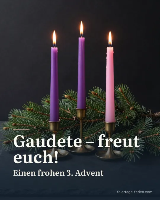 Drei brennende schlanke Kerzen, zwei violette und eine rosa, in Messinghaltern zwischen Tannenzweigen