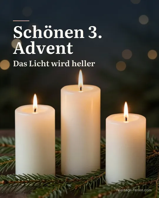 Drei brennende Stumpenkerzen unterschiedlicher Höhe auf Tannenzweigen vor goldenen Lichtpunkten