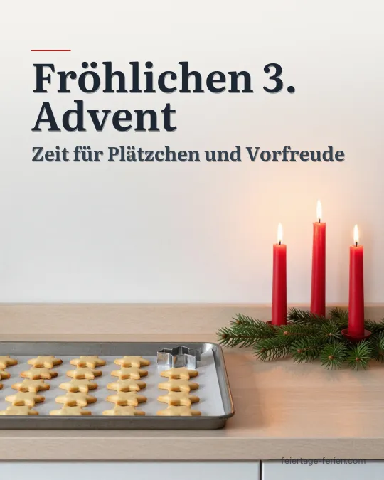 Drei brennende rote Kerzen auf Tannenzweigen neben einem Blech mit frisch gebackenen Sternplätzchen