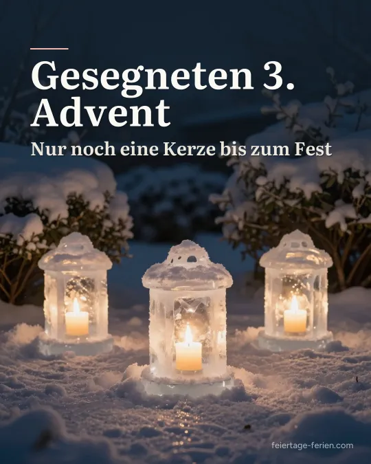 Drei leuchtende Eislaternen mit brennenden Kerzen im frischen Schnee eines nächtlichen Gartens