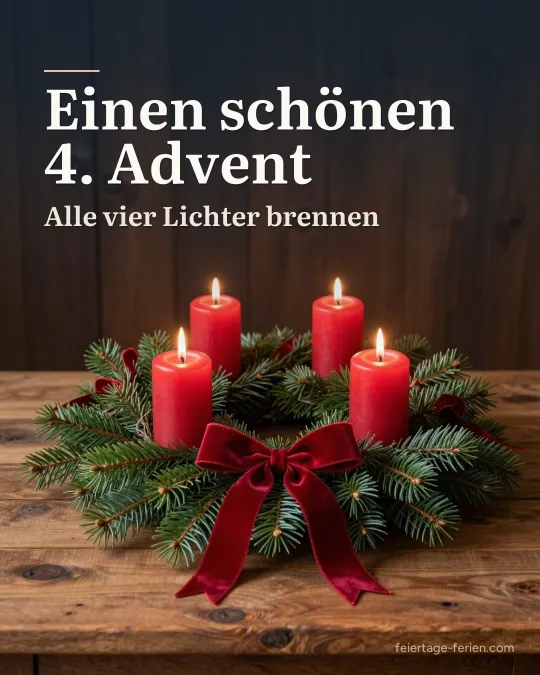 Üppiger Adventskranz mit roten Samtbändern auf einem Holztisch, alle vier Kerzen brennen