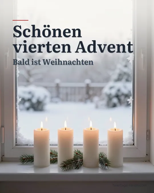 Vier brennende weiße Stumpenkerzen in einer Reihe auf einer Fensterbank, draußen ein verschneiter Garten